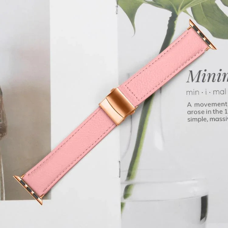 Bracelet de montre en cuir à boucle tortue en or rose texturé litchi, compatible avec Apple Watch 46 mm / 49 mm / 45 mm / 44 mm et Apple Watch 42 mm / 41 mm / 40 mm / 38 mm.