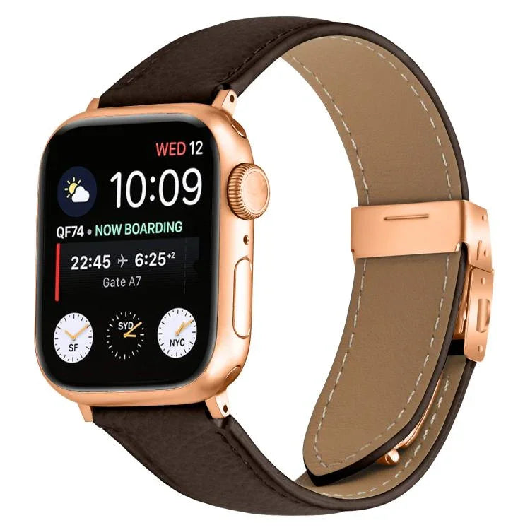 Bracelet de montre en cuir à boucle tortue en or rose texturé litchi, compatible avec Apple Watch 46 mm / 49 mm / 45 mm / 44 mm et Apple Watch 42 mm / 41 mm / 40 mm / 38 mm.