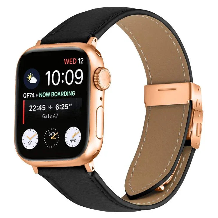 Bracelet de montre en cuir à boucle tortue en or rose texturé litchi, compatible avec Apple Watch 46 mm / 49 mm / 45 mm / 44 mm et Apple Watch 42 mm / 41 mm / 40 mm / 38 mm.
