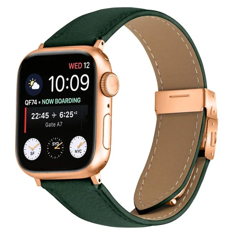 Bracelet de montre en cuir à boucle tortue en or rose texturé litchi, compatible avec Apple Watch 46 mm / 49 mm / 45 mm / 44 mm et Apple Watch 42 mm / 41 mm / 40 mm / 38 mm.