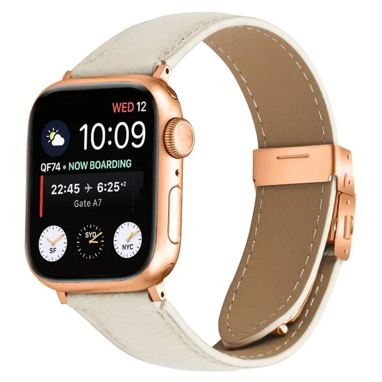 Bracelet de montre en cuir à boucle tortue en or rose texturé litchi, compatible avec Apple Watch 46 mm / 49 mm / 45 mm / 44 mm et Apple Watch 42 mm / 41 mm / 40 mm / 38 mm.