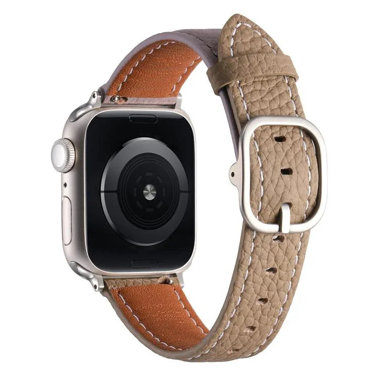 Bracelet de montre en cuir véritable texturé litchi avec boucle carrée, compatible avec Apple Watch 46 mm / 49 mm / 45 mm / 44 mm et Apple Watch 42 mm / 41 mm / 40 mm / 38 mm.