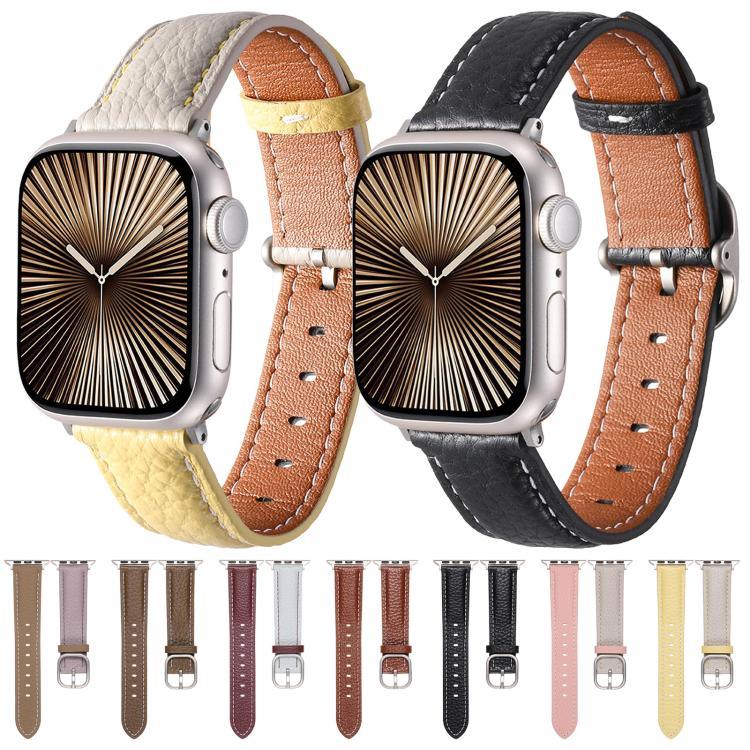 Bracelet de montre en cuir véritable texturé litchi avec boucle carrée, compatible avec Apple Watch 46 mm / 49 mm / 45 mm / 44 mm et Apple Watch 42 mm / 41 mm / 40 mm / 38 mm.