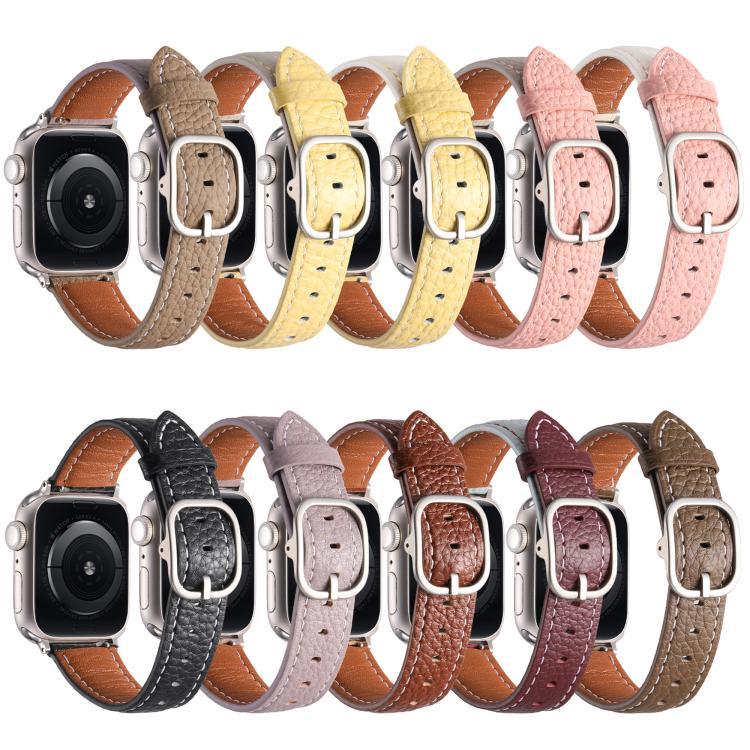 Bracelet de montre en cuir véritable texturé litchi avec boucle carrée, compatible avec Apple Watch 46 mm / 49 mm / 45 mm / 44 mm et Apple Watch 42 mm / 41 mm / 40 mm / 38 mm.