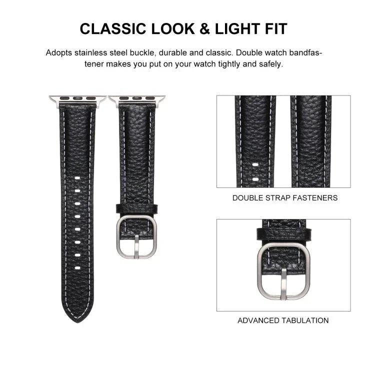 Bracelet de montre en cuir véritable texturé litchi avec boucle carrée, compatible avec Apple Watch 46 mm / 49 mm / 45 mm / 44 mm et Apple Watch 42 mm / 41 mm / 40 mm / 38 mm.