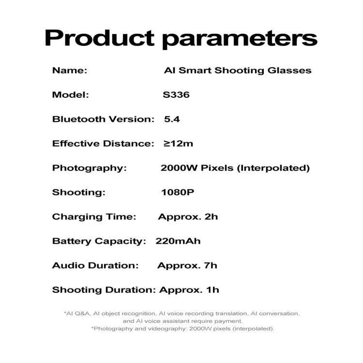 Lunettes intelligentes S336, compatibles avec la reconnaissance d'objets par IA, les conversations par IA et les appels vocaux