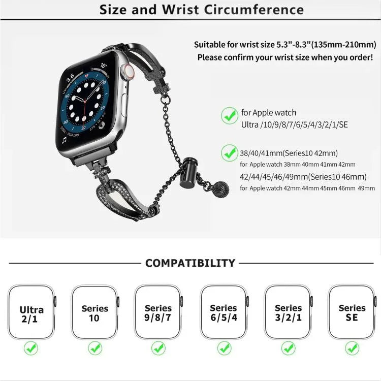 Bracelet de montre en alliage de zinc à motif diamant en forme de U, compatible avec Apple Watch 46 mm / 49 mm / 45 mm / 44 mm et Apple Watch 42 mm / 41 mm / 40 mm / 38 mm.