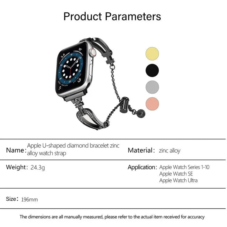 Bracelet de montre en alliage de zinc à motif diamant en forme de U, compatible avec Apple Watch 46 mm / 49 mm / 45 mm / 44 mm et Apple Watch 42 mm / 41 mm / 40 mm / 38 mm.