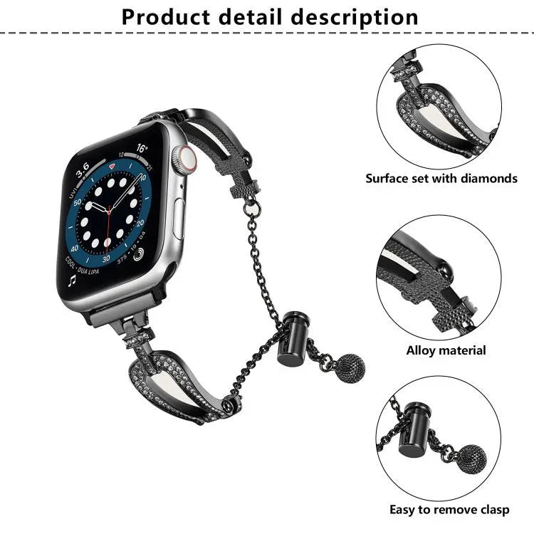 Bracelet de montre en alliage de zinc à motif diamant en forme de U, compatible avec Apple Watch 46 mm / 49 mm / 45 mm / 44 mm et Apple Watch 42 mm / 41 mm / 40 mm / 38 mm.