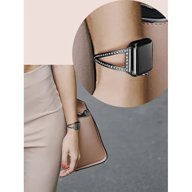 Bracelet de montre en alliage de zinc à motif diamant en forme de V, compatible avec les Apple Watch 46 mm / 49 mm / 45 mm / 44 mm et 42 mm / 41 mm / 40 mm / 38 mm.