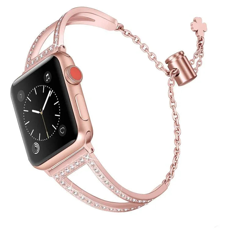 Bracelet de montre en alliage de zinc à motif diamant en forme de V, compatible avec les Apple Watch 46 mm / 49 mm / 45 mm / 44 mm et 42 mm / 41 mm / 40 mm / 38 mm.