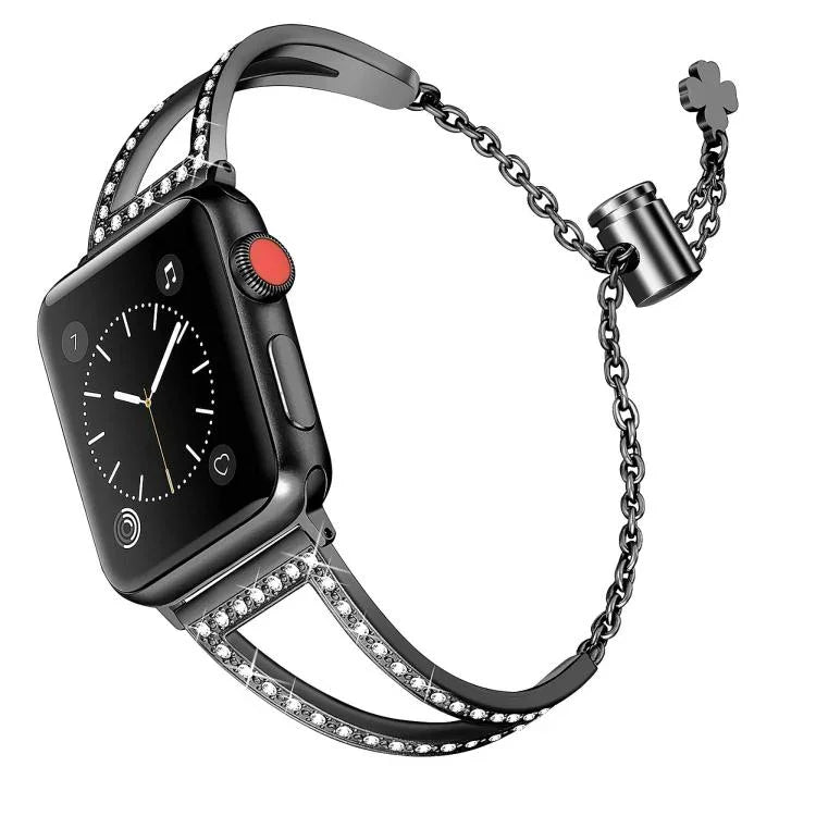 Bracelet de montre en alliage de zinc à motif diamant en forme de V, compatible avec les Apple Watch 46 mm / 49 mm / 45 mm / 44 mm et 42 mm / 41 mm / 40 mm / 38 mm.