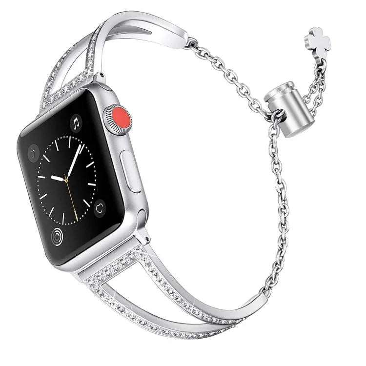 Bracelet de montre en alliage de zinc à motif diamant en forme de V, compatible avec les Apple Watch 46 mm / 49 mm / 45 mm / 44 mm et 42 mm / 41 mm / 40 mm / 38 mm.