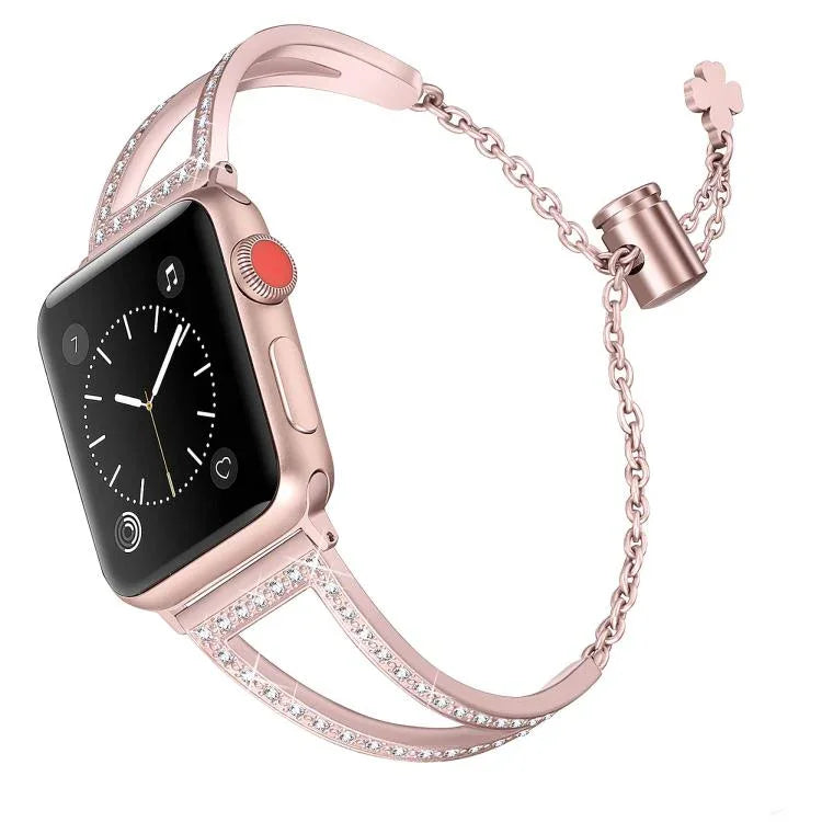 Bracelet de montre en alliage de zinc à motif diamant en forme de V, compatible avec les Apple Watch 46 mm / 49 mm / 45 mm / 44 mm et 42 mm / 41 mm / 40 mm / 38 mm.