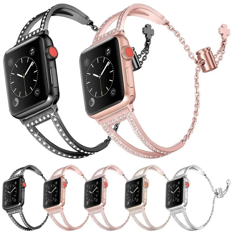 Bracelet de montre en alliage de zinc à motif diamant en forme de V, compatible avec les Apple Watch 46 mm / 49 mm / 45 mm / 44 mm et 42 mm / 41 mm / 40 mm / 38 mm.