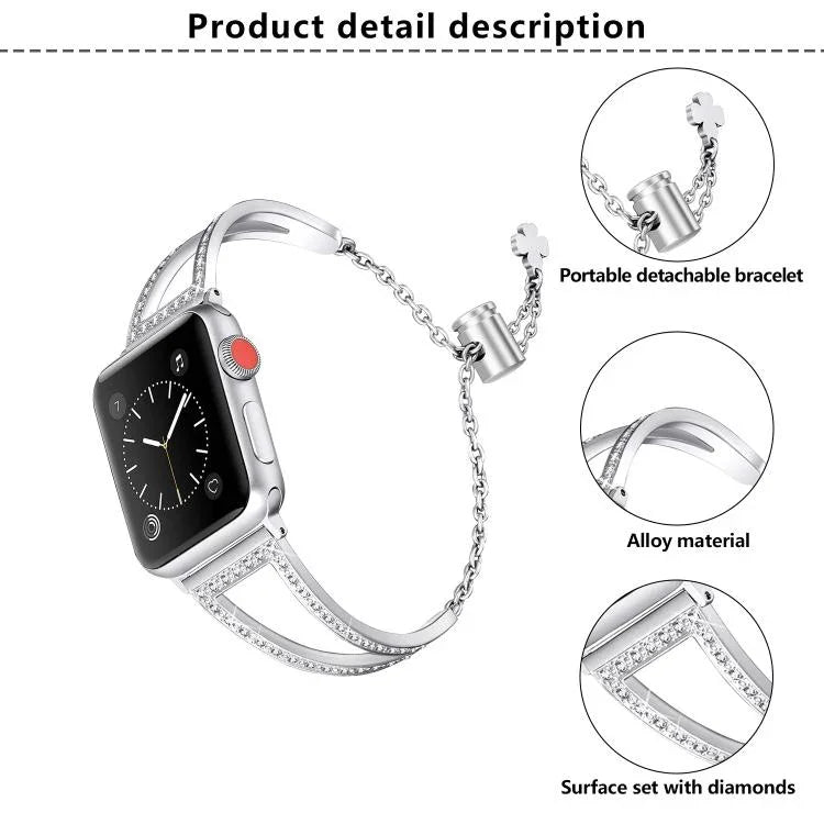 Bracelet de montre en alliage de zinc à motif diamant en forme de V, compatible avec les Apple Watch 46 mm / 49 mm / 45 mm / 44 mm et 42 mm / 41 mm / 40 mm / 38 mm.
