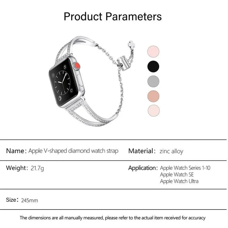 Bracelet de montre en alliage de zinc à motif diamant en forme de V, compatible avec les Apple Watch 46 mm / 49 mm / 45 mm / 44 mm et 42 mm / 41 mm / 40 mm / 38 mm.