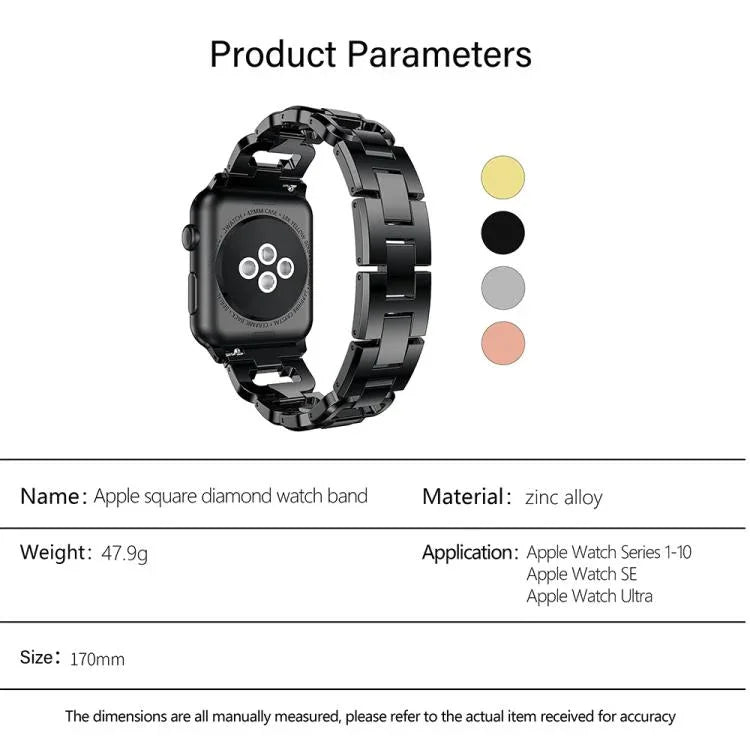Bracelet de montre carré en alliage de zinc à motif diamant, compatible avec Apple Watch 46 mm / 49 mm / 45 mm / 44 mm et Apple Watch 42 mm / 41 mm / 40 mm / 38 mm.