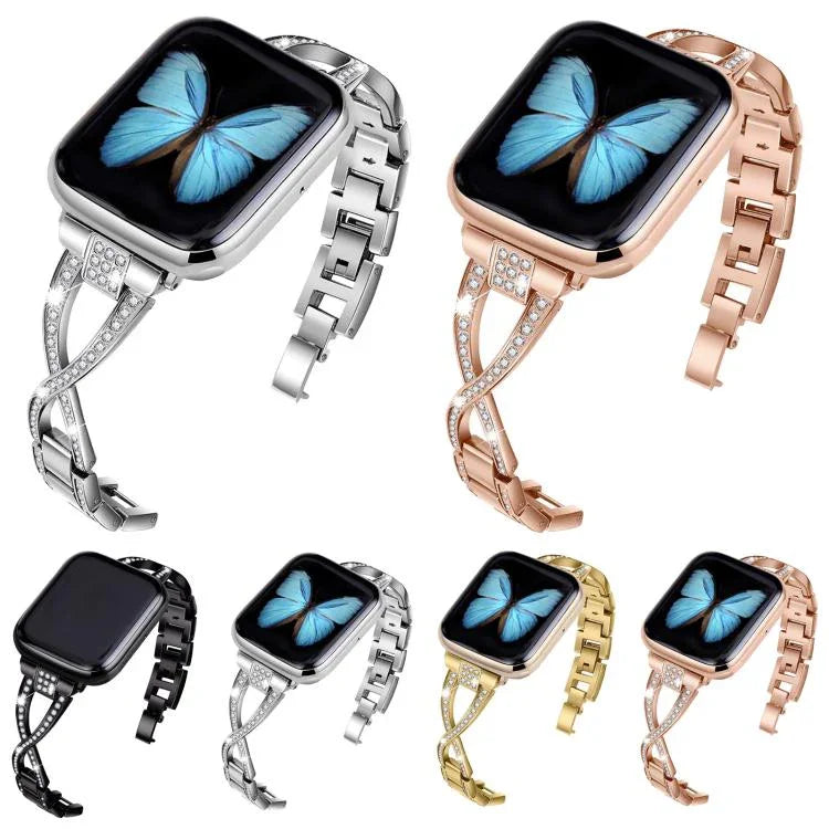 Bracelet de montre en alliage de zinc à motif diamant croisé, compatible avec les Apple Watch 46 mm / 49 mm / 45 mm / 44 mm et 42 mm / 41 mm / 40 mm / 38 mm.