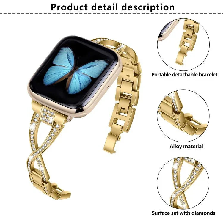 Bracelet de montre en alliage de zinc à motif diamant croisé, compatible avec les Apple Watch 46 mm / 49 mm / 45 mm / 44 mm et 42 mm / 41 mm / 40 mm / 38 mm.