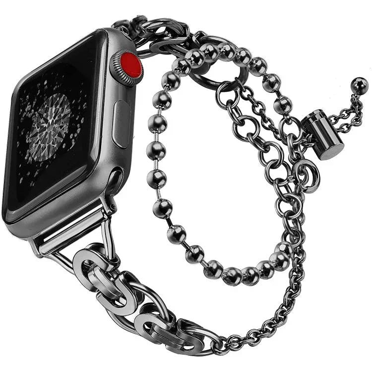 Bracelet de montre en alliage de zinc à double chaîne à billes, compatible avec les Apple Watch 46 mm / 49 mm / 45 mm / 44 mm et 42 mm / 41 mm / 40 mm / 38 mm.