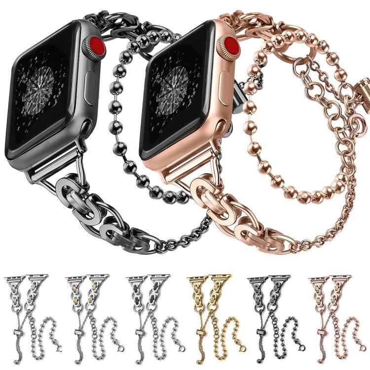 Bracelet de montre en alliage de zinc à double chaîne à billes, compatible avec les Apple Watch 46 mm / 49 mm / 45 mm / 44 mm et 42 mm / 41 mm / 40 mm / 38 mm.