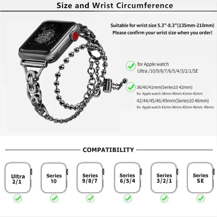 Bracelet de montre en alliage de zinc à double chaîne à billes, compatible avec les Apple Watch 46 mm / 49 mm / 45 mm / 44 mm et 42 mm / 41 mm / 40 mm / 38 mm.