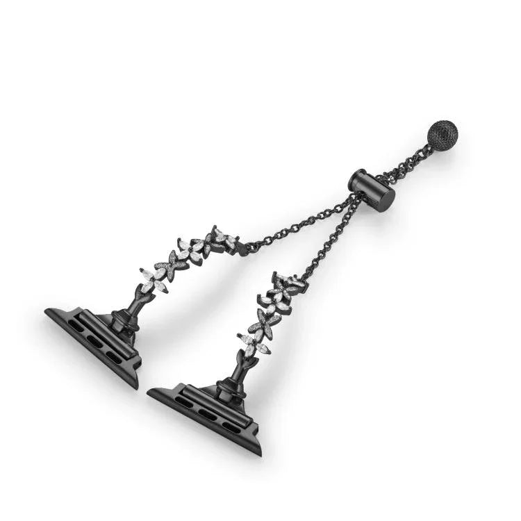 Bracelet de montre en alliage de zinc à motif trèfle à quatre feuilles et diamants, compatible avec les Apple Watch 46 mm / 49 mm / 45 mm / 44 mm et 42 mm / 41 mm / 40 mm / 38 mm.