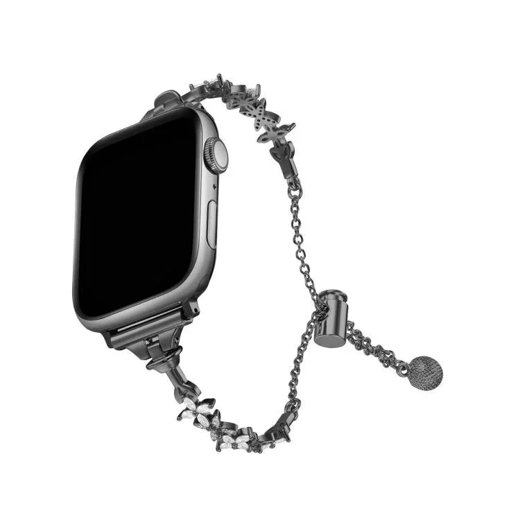 Bracelet de montre en alliage de zinc à motif trèfle à quatre feuilles et diamants, compatible avec les Apple Watch 46 mm / 49 mm / 45 mm / 44 mm et 42 mm / 41 mm / 40 mm / 38 mm.