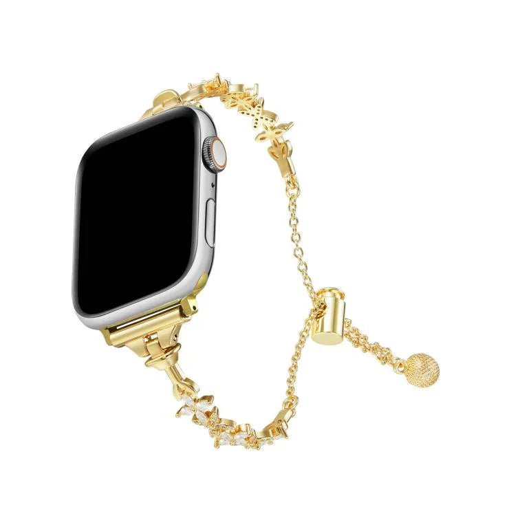 Bracelet de montre en alliage de zinc à motif trèfle à quatre feuilles et diamants, compatible avec les Apple Watch 46 mm / 49 mm / 45 mm / 44 mm et 42 mm / 41 mm / 40 mm / 38 mm.