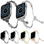 Bracelet de montre en alliage de zinc à motif trèfle à quatre feuilles et diamants, compatible avec les Apple Watch 46 mm / 49 mm / 45 mm / 44 mm et 42 mm / 41 mm / 40 mm / 38 mm.