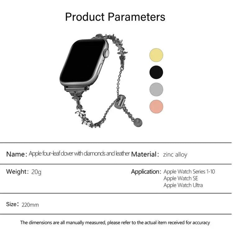 Bracelet de montre en alliage de zinc à motif trèfle à quatre feuilles et diamants, compatible avec les Apple Watch 46 mm / 49 mm / 45 mm / 44 mm et 42 mm / 41 mm / 40 mm / 38 mm.