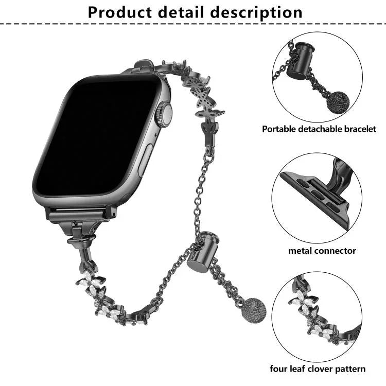 Bracelet de montre en alliage de zinc à motif trèfle à quatre feuilles et diamants, compatible avec les Apple Watch 46 mm / 49 mm / 45 mm / 44 mm et 42 mm / 41 mm / 40 mm / 38 mm.