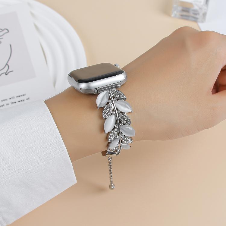 Bracelet de montre en alliage serti de diamants en forme de feuille, compatible avec Apple Watch 46 mm / 49 mm / 45 mm / 44 mm et Apple Watch 42 mm / 41 mm / 40 mm / 38 mm.