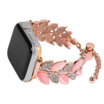 Bracelet de montre en alliage serti de diamants en forme de feuille, compatible avec Apple Watch 46 mm / 49 mm / 45 mm / 44 mm et Apple Watch 42 mm / 41 mm / 40 mm / 38 mm.