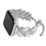 Bracelet de montre en alliage serti de diamants en forme de feuille, compatible avec Apple Watch 46 mm / 49 mm / 45 mm / 44 mm et Apple Watch 42 mm / 41 mm / 40 mm / 38 mm.