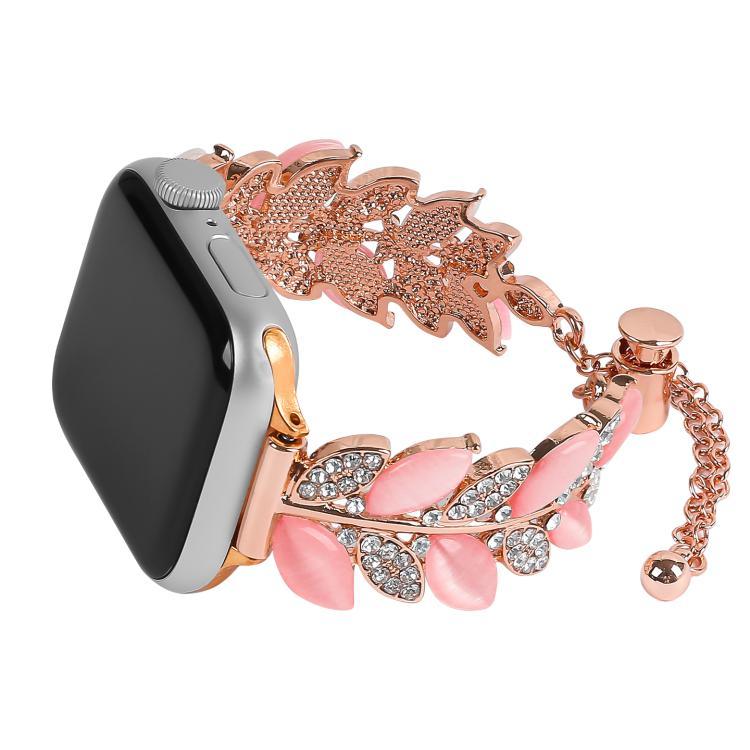 Bracelet de montre en alliage serti de diamants en forme de feuille, compatible avec Apple Watch 46 mm / 49 mm / 45 mm / 44 mm et Apple Watch 42 mm / 41 mm / 40 mm / 38 mm.