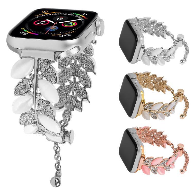 Bracelet de montre en alliage serti de diamants en forme de feuille, compatible avec Apple Watch 46 mm / 49 mm / 45 mm / 44 mm et Apple Watch 42 mm / 41 mm / 40 mm / 38 mm.