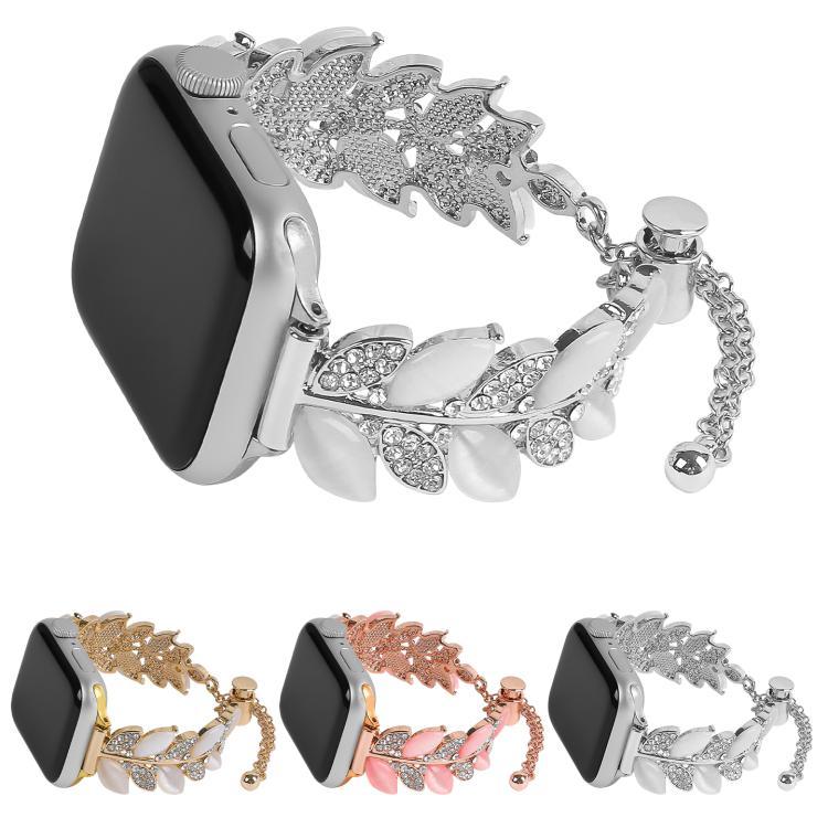 Bracelet de montre en alliage serti de diamants en forme de feuille, compatible avec Apple Watch 46 mm / 49 mm / 45 mm / 44 mm et Apple Watch 42 mm / 41 mm / 40 mm / 38 mm.