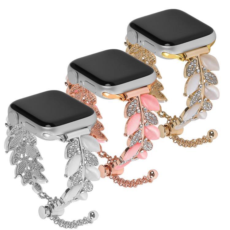 Bracelet de montre en alliage serti de diamants en forme de feuille, compatible avec Apple Watch 46 mm / 49 mm / 45 mm / 44 mm et Apple Watch 42 mm / 41 mm / 40 mm / 38 mm.
