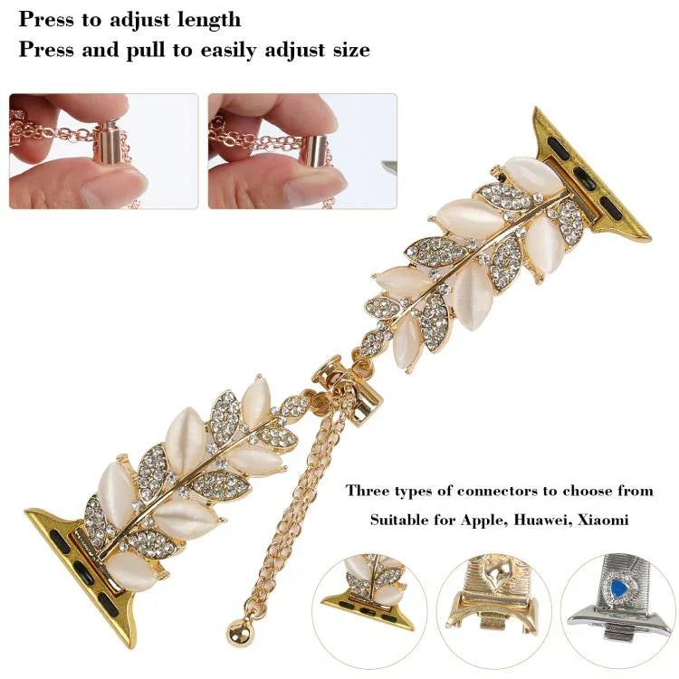 Bracelet de montre en alliage serti de diamants en forme de feuille, compatible avec Apple Watch 46 mm / 49 mm / 45 mm / 44 mm et Apple Watch 42 mm / 41 mm / 40 mm / 38 mm.