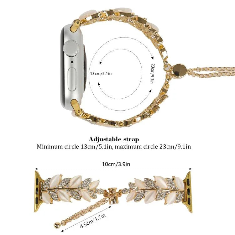 Bracelet de montre en alliage serti de diamants en forme de feuille, compatible avec Apple Watch 46 mm / 49 mm / 45 mm / 44 mm et Apple Watch 42 mm / 41 mm / 40 mm / 38 mm.