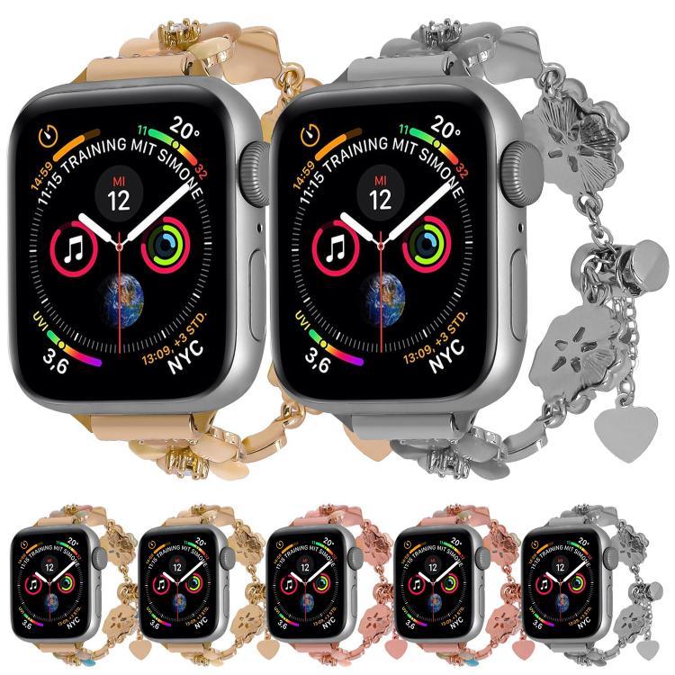 Bracelet de montre en alliage à motif trèfle à quatre feuilles, compatible avec les Apple Watch 46 mm / 49 mm / 45 mm / 44 mm et 42 mm / 41 mm / 40 mm / 38 mm.