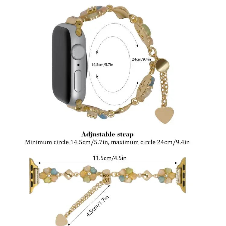 Bracelet de montre en alliage à motif trèfle à quatre feuilles, compatible avec les Apple Watch 46 mm / 49 mm / 45 mm / 44 mm et 42 mm / 41 mm / 40 mm / 38 mm.