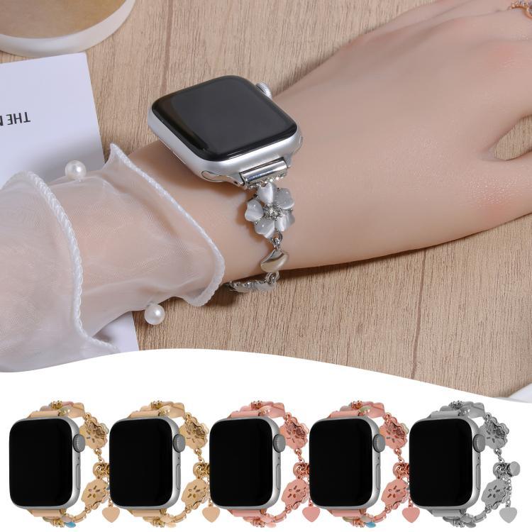 Bracelet de montre en alliage à motif trèfle à quatre feuilles, compatible avec les Apple Watch 46 mm / 49 mm / 45 mm / 44 mm et 42 mm / 41 mm / 40 mm / 38 mm.