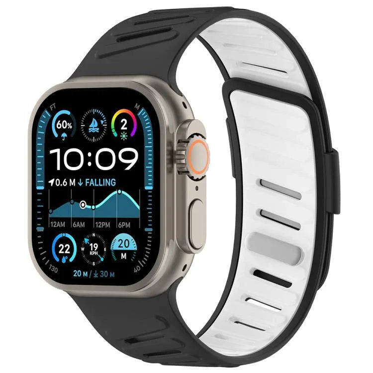 Bracelet de montre en silicone bicolore respirant avec boucle oblique, compatible avec Apple Watch 46 mm / 49 mm / 45 mm / 44 mm