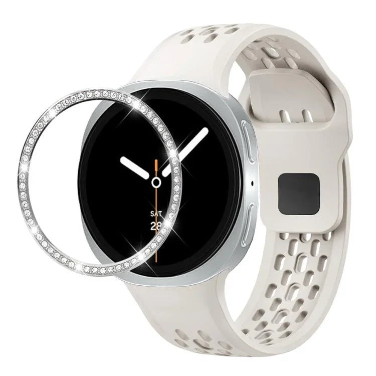 Lunette sertie de diamants et bracelet de montre en silicone à boucle inversée noire, Pour Samsung Galaxy Watch8 44mm, Pour Samsung Galaxy Watch8 40mm