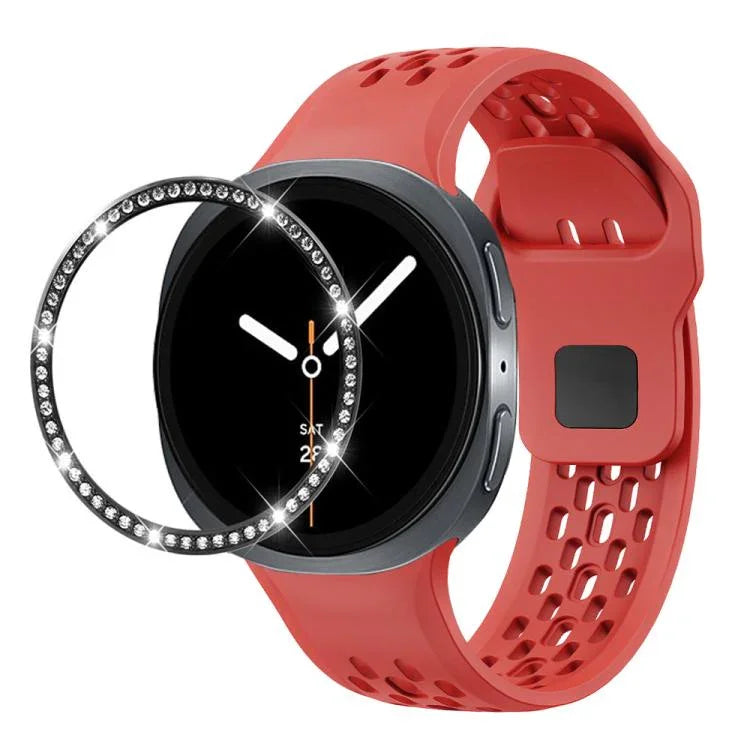 Diamond Bezel and Black Reverse Buckle Silicone Watch Band, For Samsung Galaxy Watch8 44mm, For Samsung Galaxy Watch8 40mm
