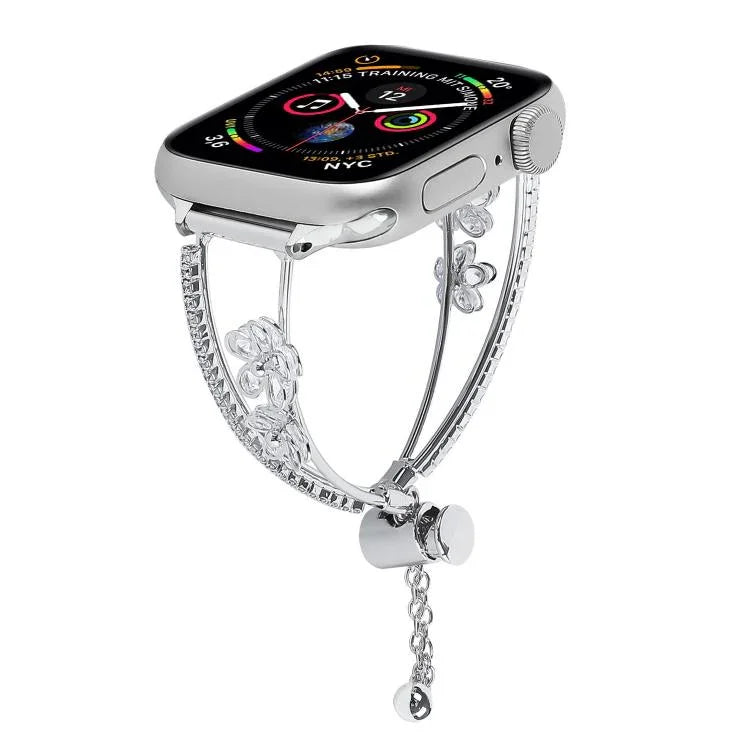 Bracelet de montre en cuivre incrusté de zircon à motif floral à 5 ​​pétales, compatible avec Apple Watch 46 mm / 49 mm / 45 mm / 44 mm et Apple Watch 42 mm / 41 mm / 40 mm / 38 mm.