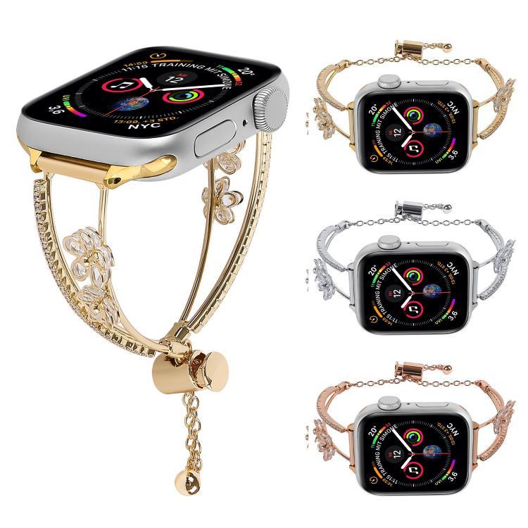 Bracelet de montre en cuivre incrusté de zircon à motif floral à 5 ​​pétales, compatible avec Apple Watch 46 mm / 49 mm / 45 mm / 44 mm et Apple Watch 42 mm / 41 mm / 40 mm / 38 mm.